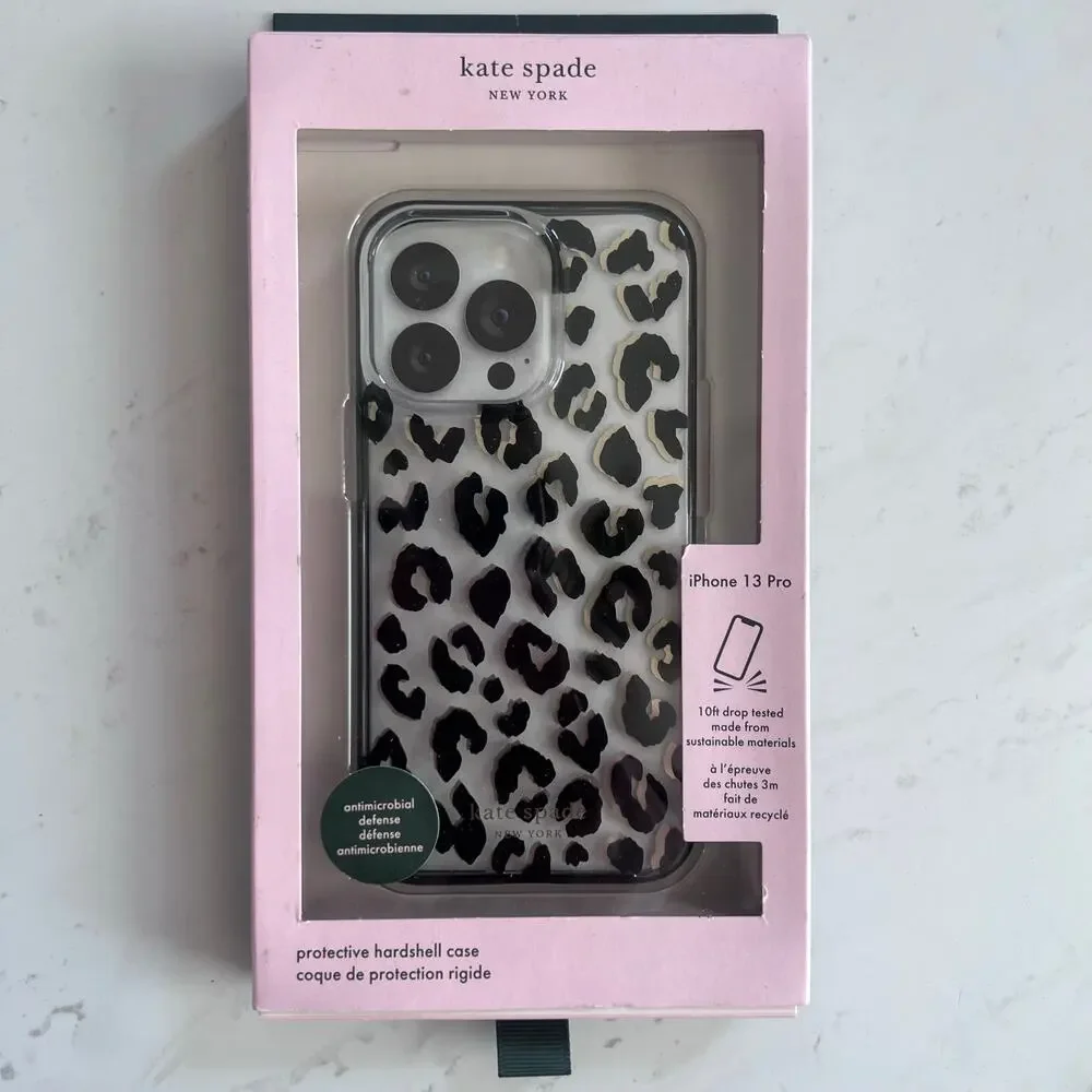 Kate Spade iPhone 13 Pro Phone Case Clear Black Gold Leopard Print New